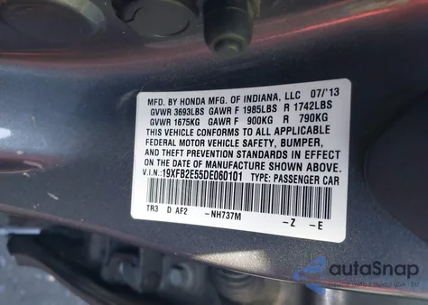 2013 Honda Civic Lx z USA, uszkodzony, nr VIN 19XFB2E55DE060101